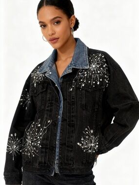 Embellished Black Denim Jacket with Contrast Collar